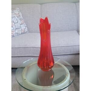 MCM Large L E Smith Vase, Red Stretch Swung, Ribbed Clear Rim, 19-7/8"